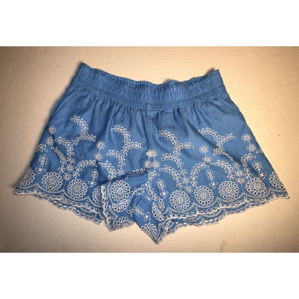 J Crew Medium Shorts Blue/White Floral Eyelet Embroidered Elastic Waist Linen Bl - Picture 2 of 11